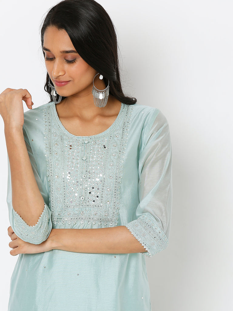 Women's Light Blue Polyester Chanderi Embroidered Kurta & Palazzo Sets