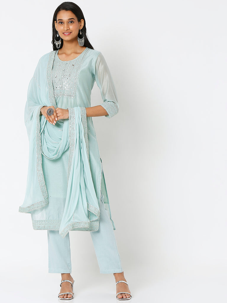 Women's Light Blue Polyester Chanderi Embroidered Kurta & Palazzo Sets