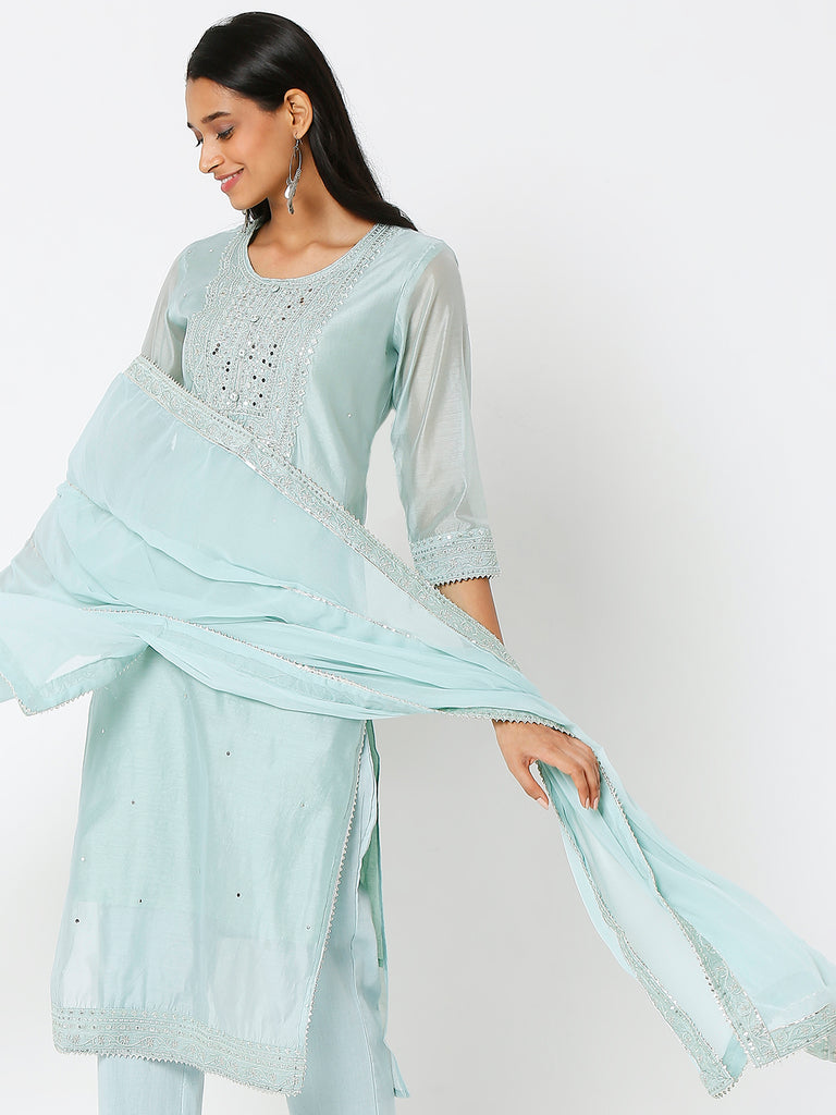 Women's Light Blue Polyester Chanderi Embroidered Kurta & Palazzo Sets