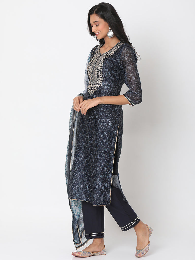 Women's Black Polyester Chanderi Embroidered Kurta & Palazzo Sets