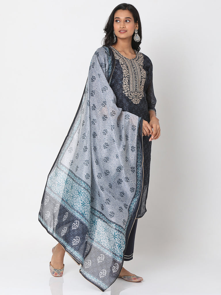 Women's Black Polyester Chanderi Embroidered Kurta & Palazzo Sets