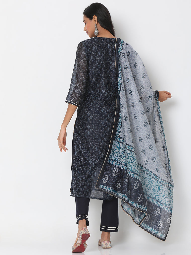 Women's Black Polyester Chanderi Embroidered Kurta & Palazzo Sets