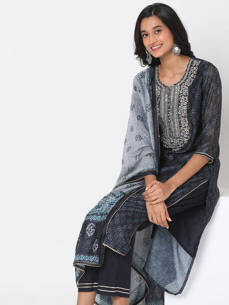 Women's Black Polyester Chanderi Embroidered Kurta & Palazzo Sets
