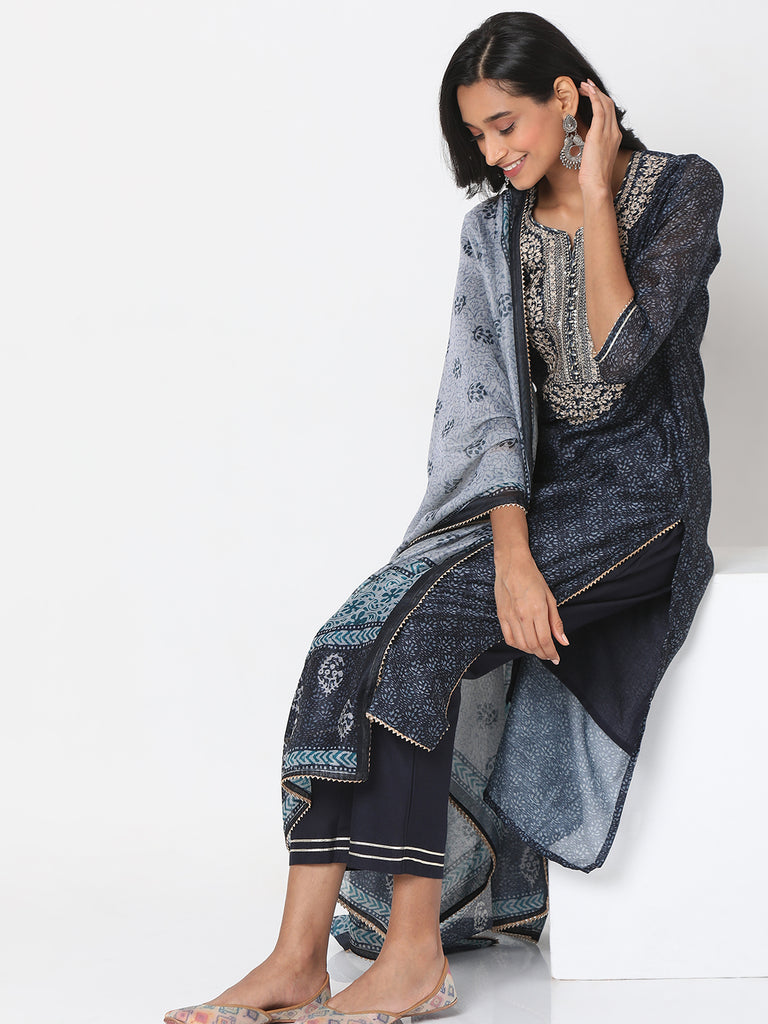 Women's Black Polyester Chanderi Embroidered Kurta & Palazzo Sets
