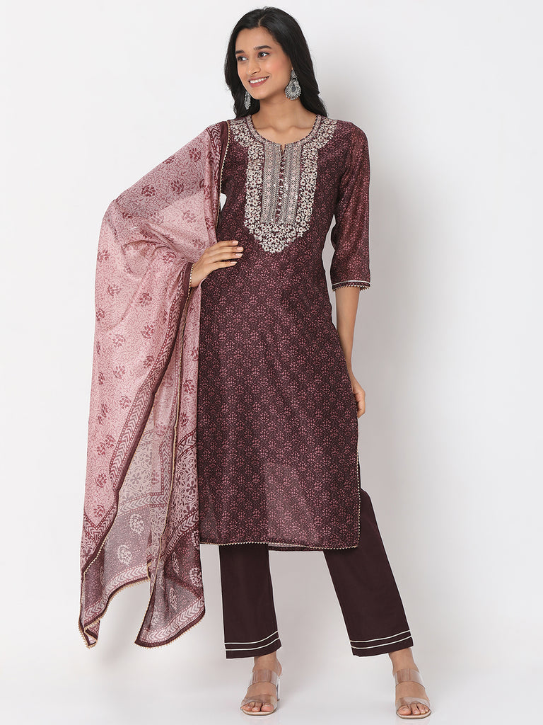 Women's Brown Polyester Chanderi Embroidered Kurta & Palazzo Sets