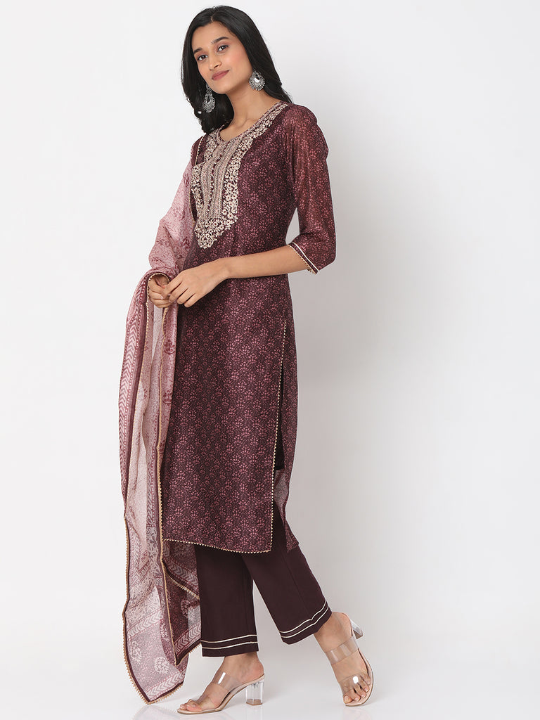 Women's Brown Polyester Chanderi Embroidered Kurta & Palazzo Sets