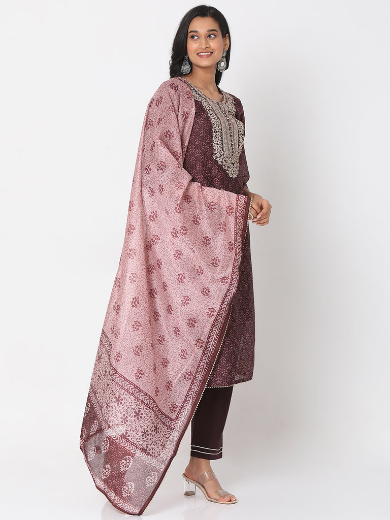 Women's Brown Polyester Chanderi Embroidered Kurta & Palazzo Sets