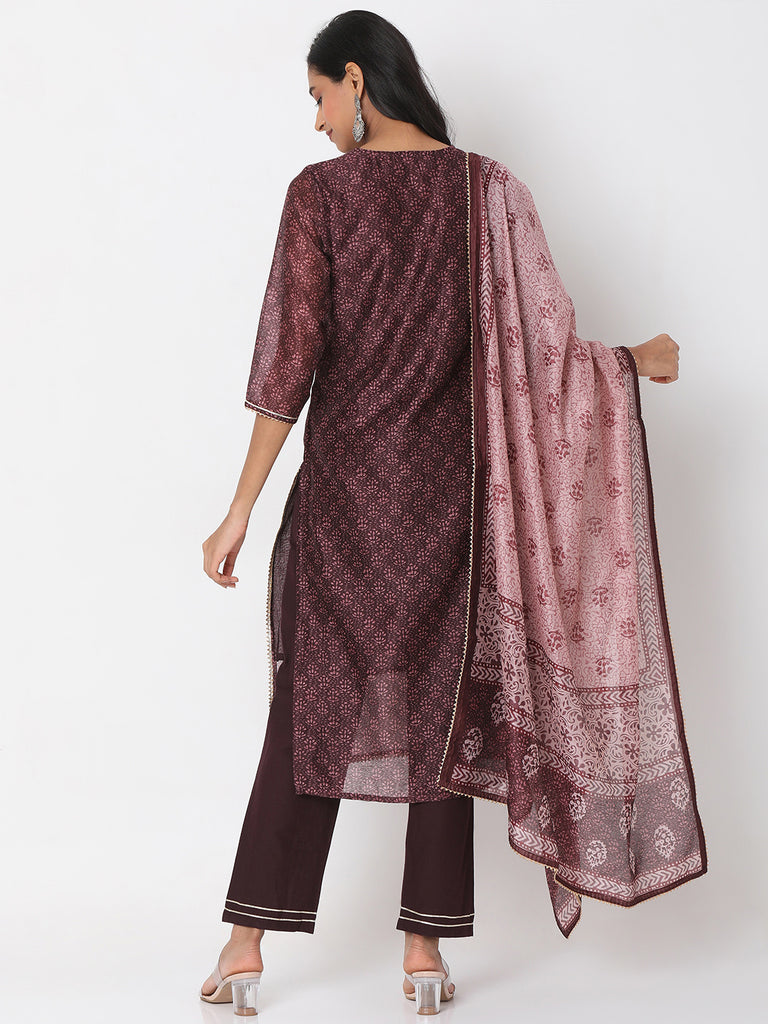 Women's Brown Polyester Chanderi Embroidered Kurta & Palazzo Sets