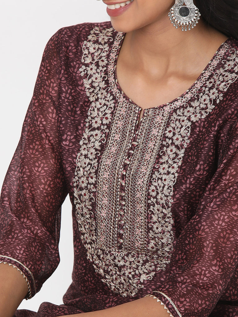 Women's Brown Polyester Chanderi Embroidered Kurta & Palazzo Sets