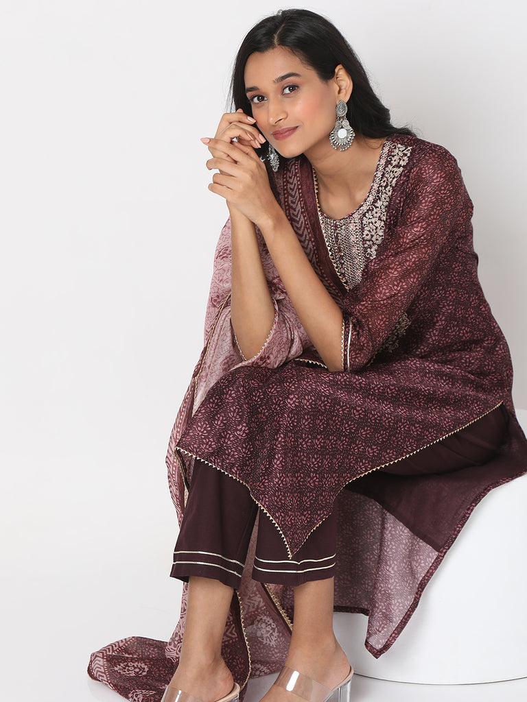 Women's Brown Polyester Chanderi Embroidered Kurta & Palazzo Sets