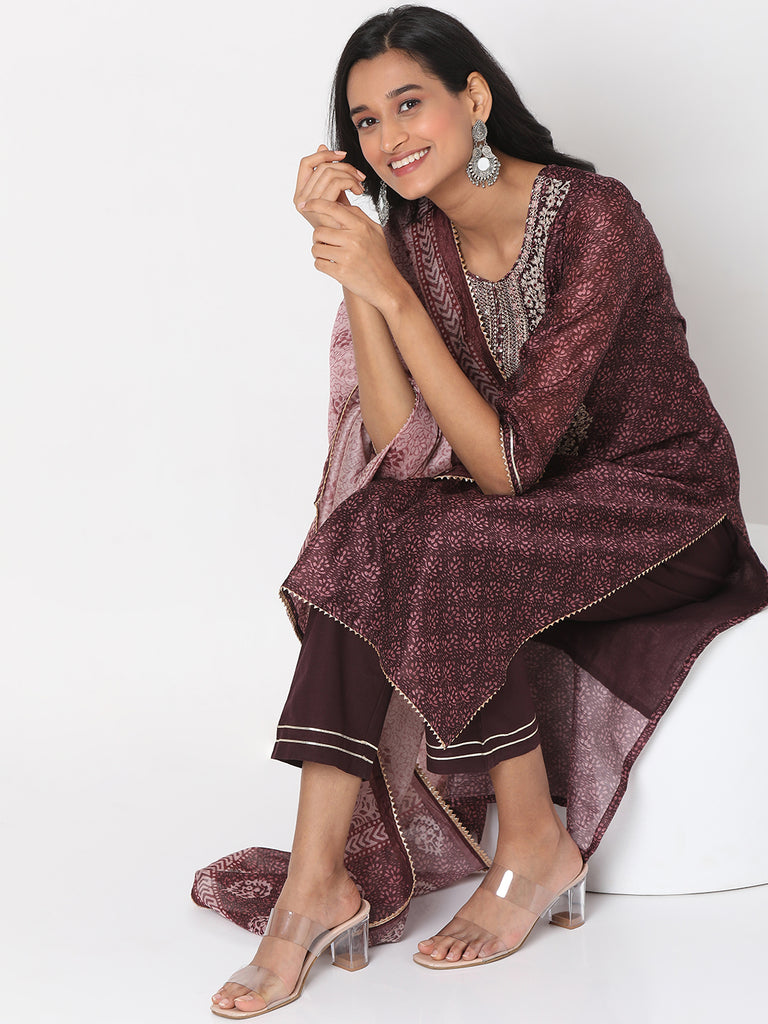 Women's Brown Polyester Chanderi Embroidered Kurta & Palazzo Sets