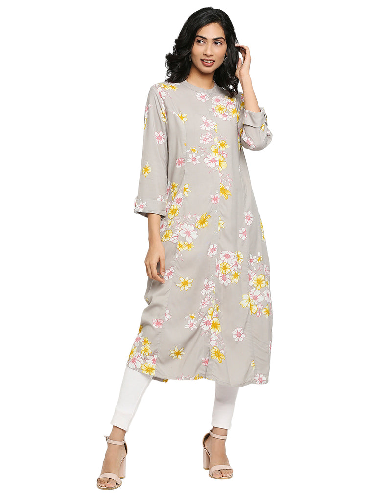 Women's Grey Rayon Floral Kurta