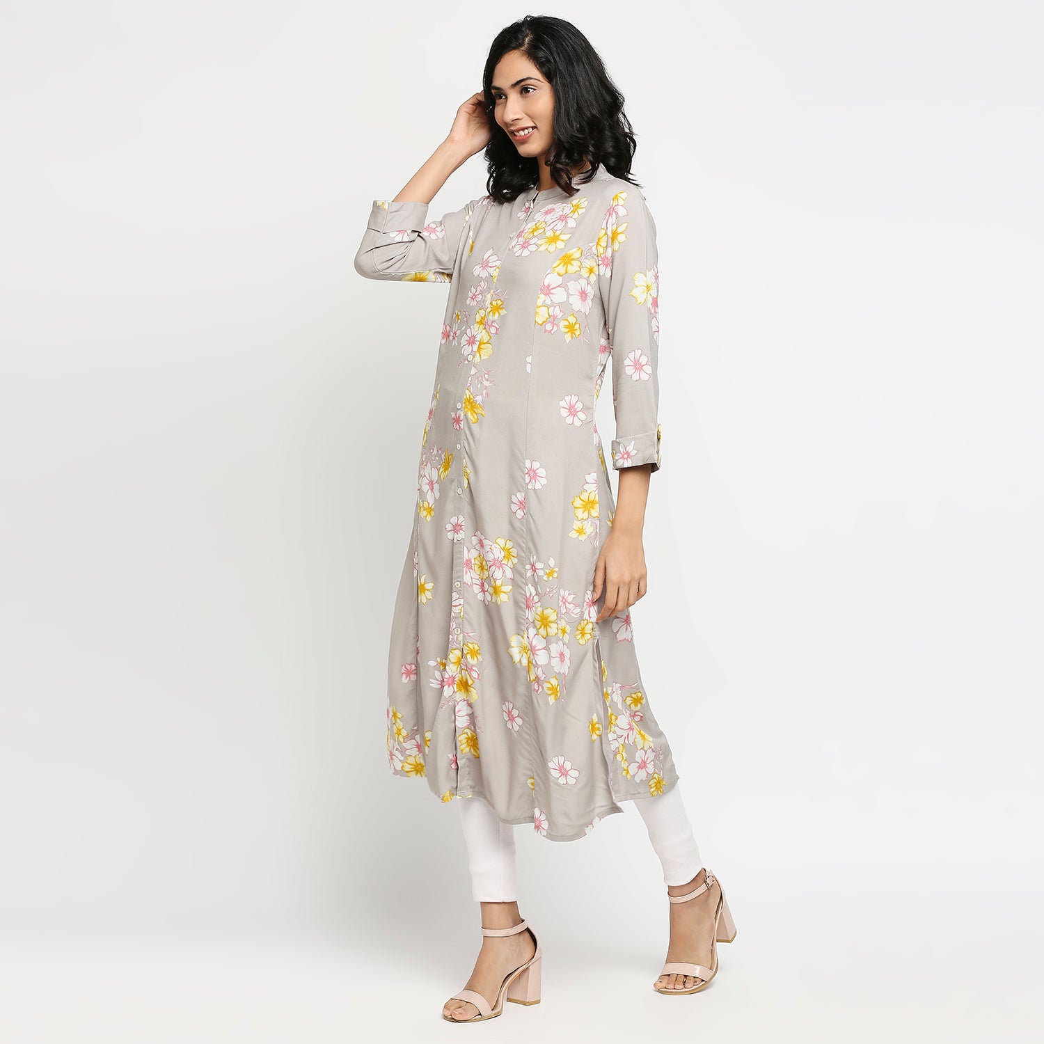 Women's Grey Rayon Floral Kurta