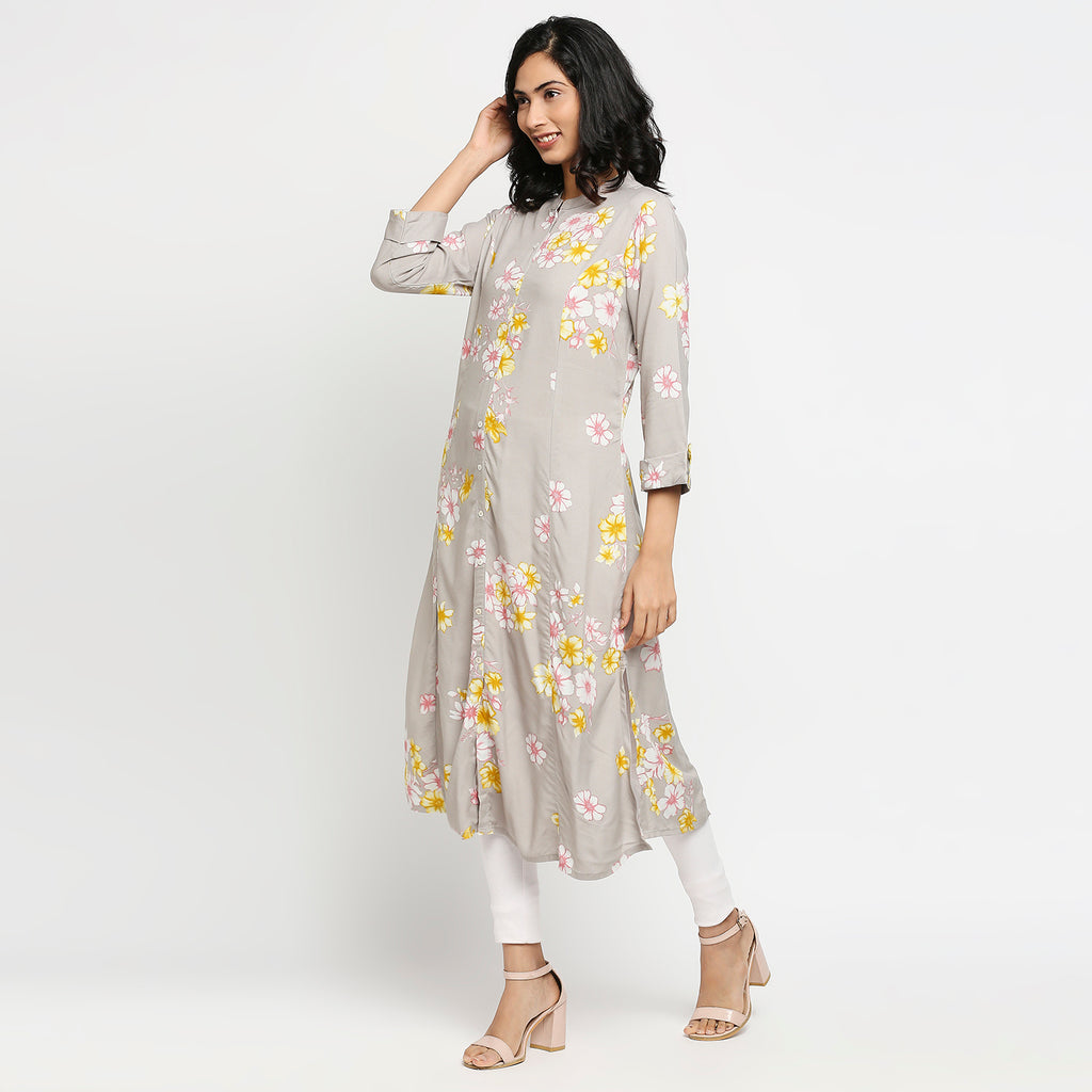 Women's Grey Rayon Floral Kurta