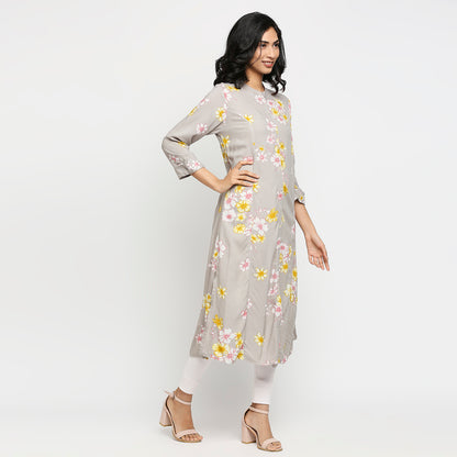Women's Grey Rayon Floral Kurta