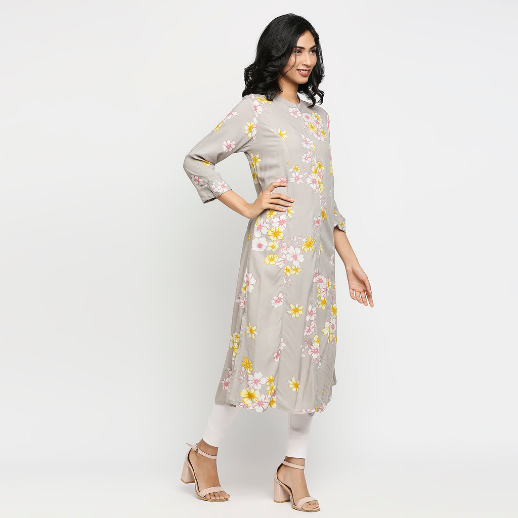 Women's Grey Rayon Floral Kurta