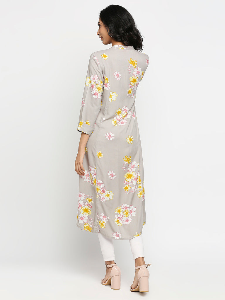 Women's Grey Rayon Floral Kurta