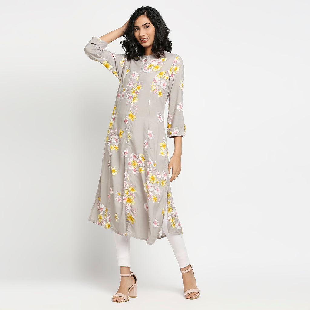 Women's Grey Rayon Floral Kurta