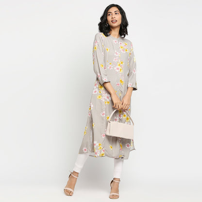 Women's Grey Rayon Floral Kurta