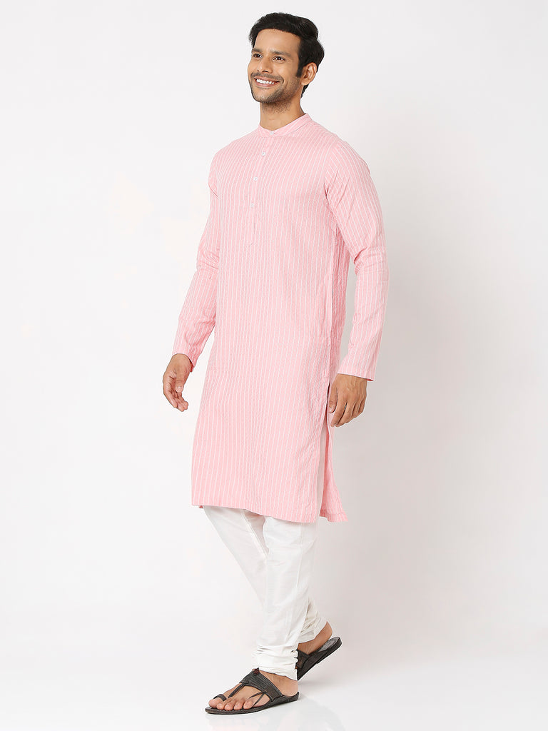 Men's Peach Cotton Dobby Striped Kurta