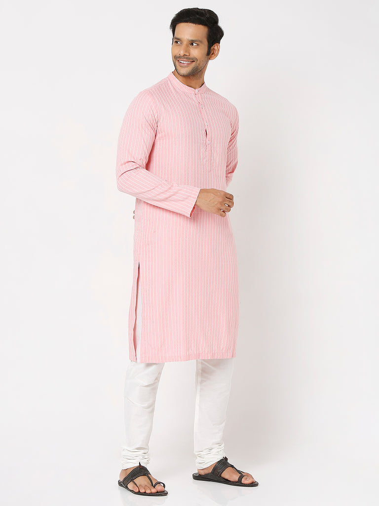 Men's Peach Cotton Dobby Striped Kurta