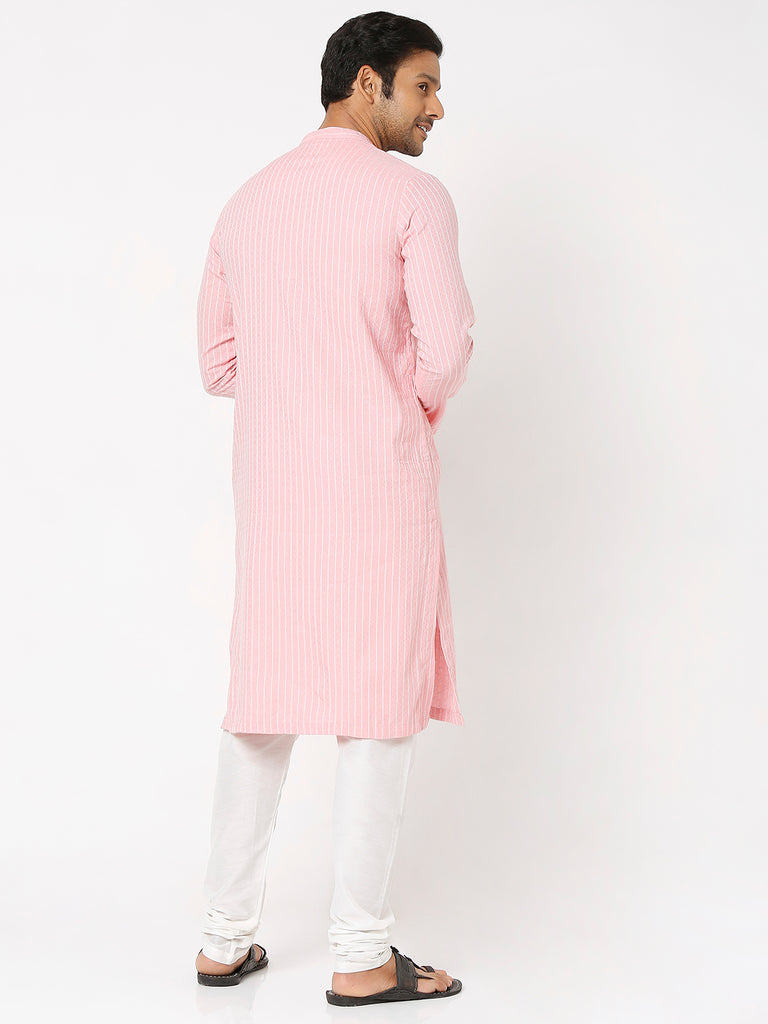 Men's Peach Cotton Dobby Striped Kurta
