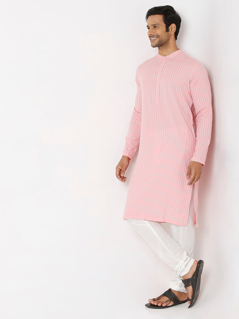 Men's Peach Cotton Dobby Striped Kurta