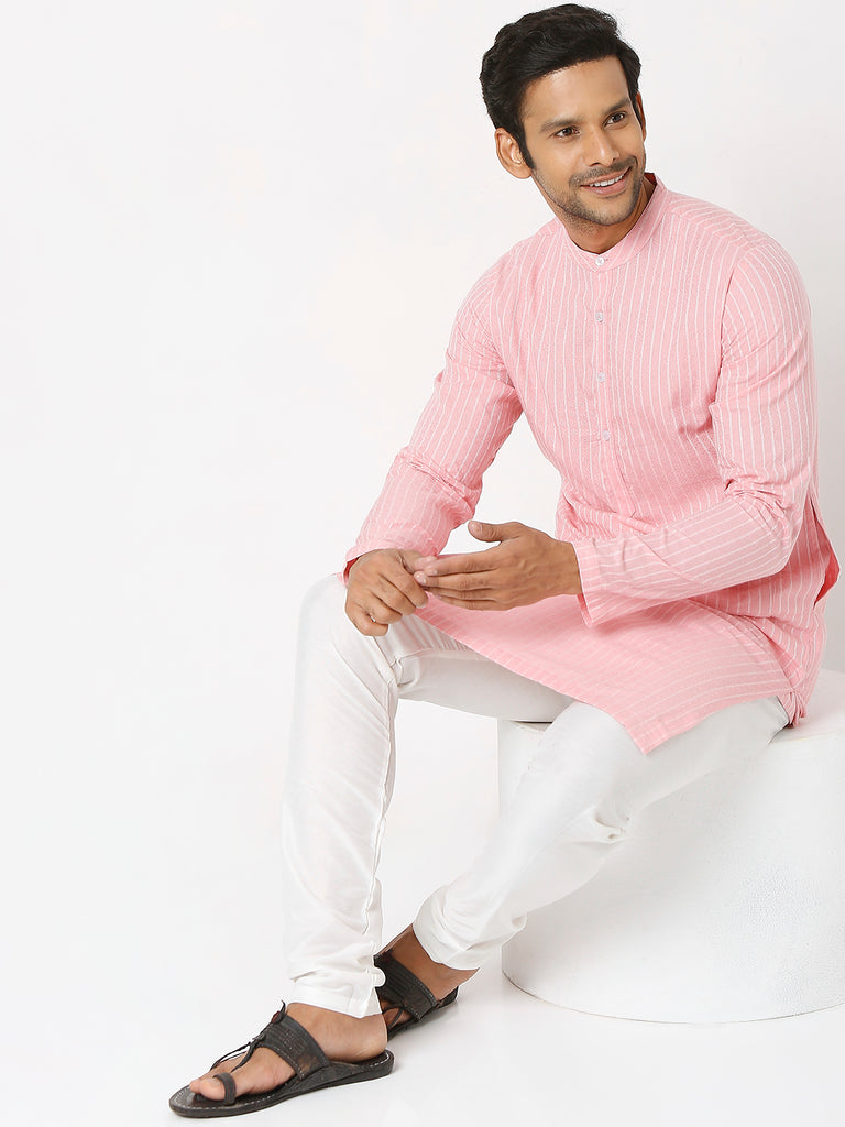 Men's Peach Cotton Dobby Striped Kurta