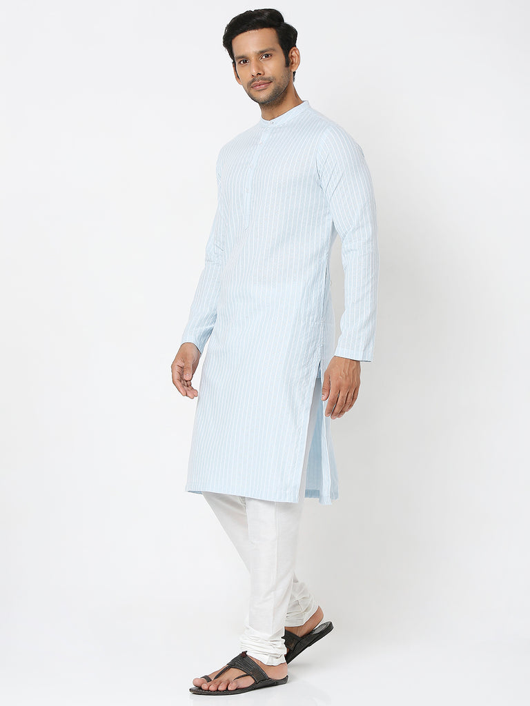 Men's Blue Cotton Dobby Striped Kurta