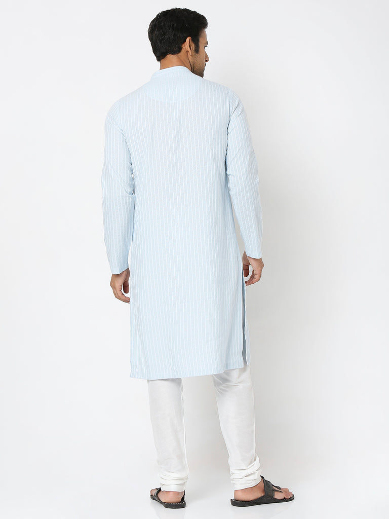 Men's Blue Cotton Dobby Striped Kurta