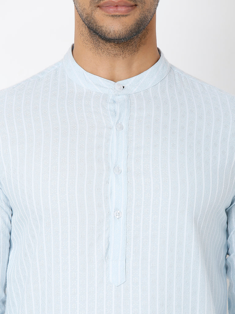 Men's Blue Cotton Dobby Striped Kurta
