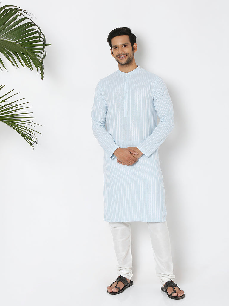 Men's Blue Cotton Dobby Striped Kurta