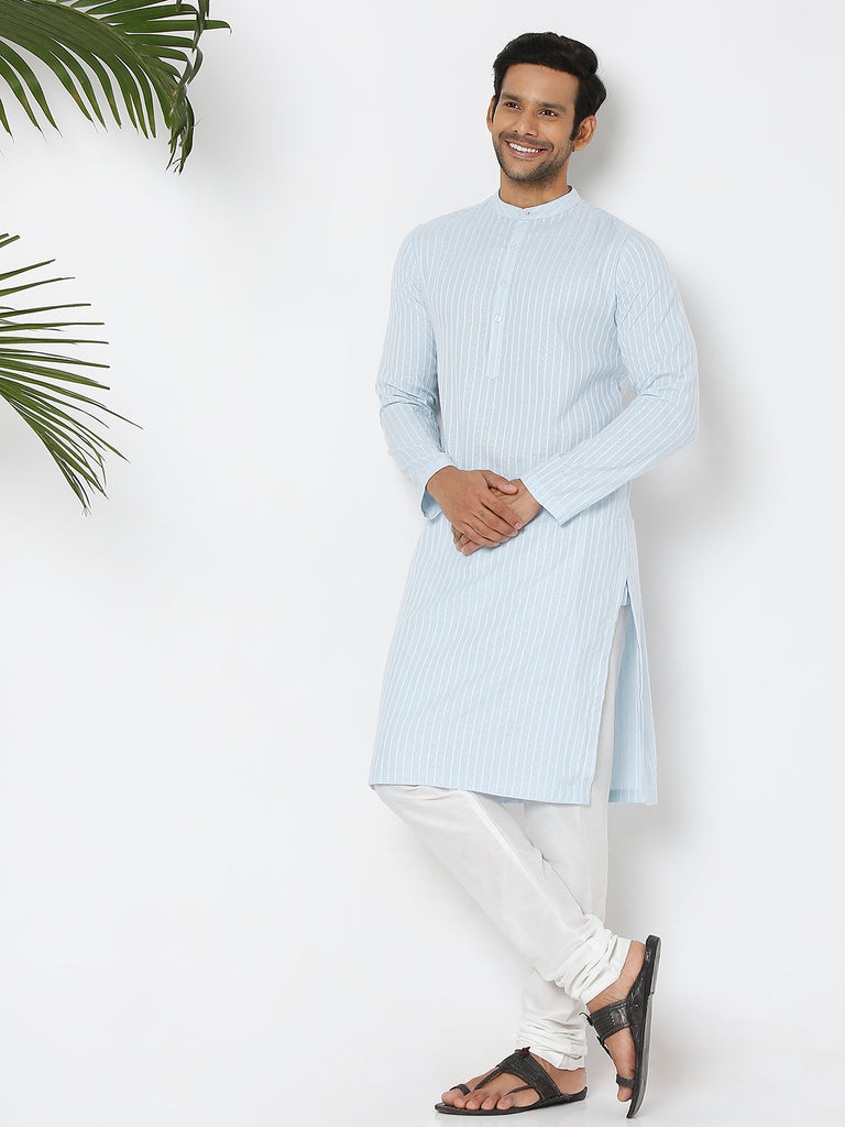 Men's Blue Cotton Dobby Striped Kurta