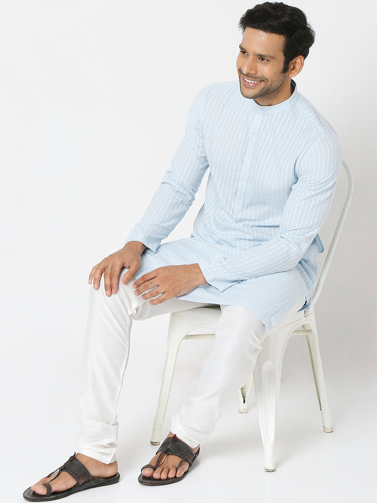Men's Blue Cotton Dobby Striped Kurta
