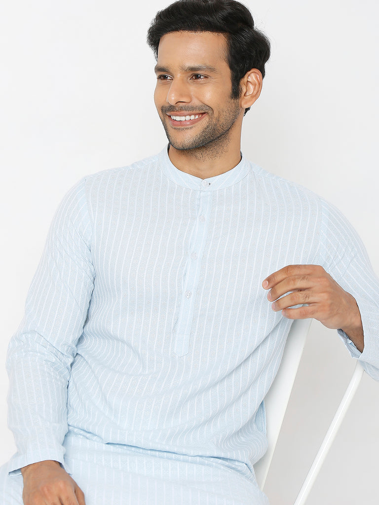 Men's Blue Cotton Dobby Striped Kurta