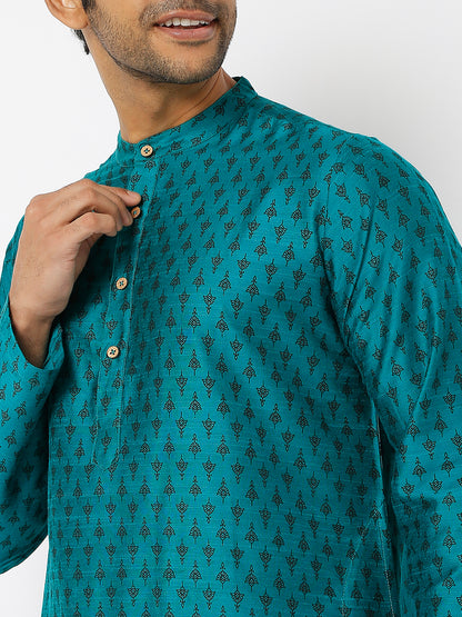 Men's Blue Polystaple Printed Kurta