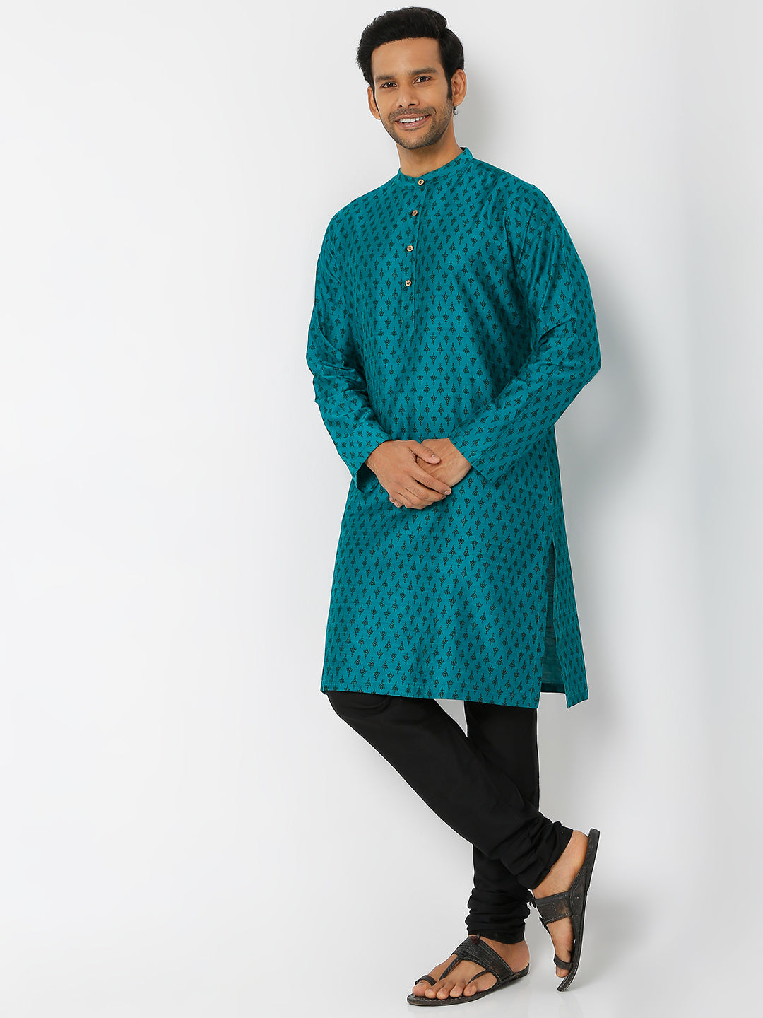 Men's Blue Polystaple Printed Kurta