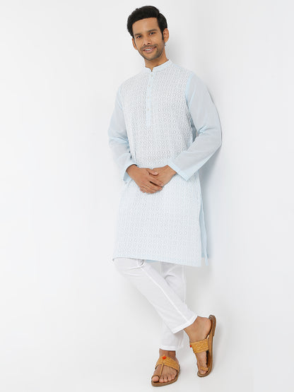 Men's Blue Poly Cotton Embroidered Kurta
