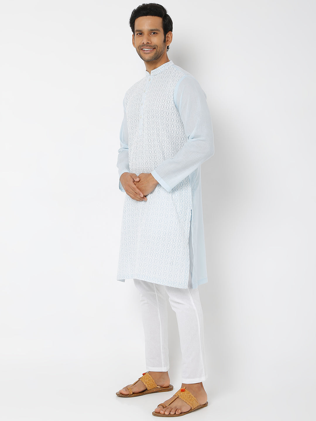 Men's Blue Poly Cotton Embroidered Kurta