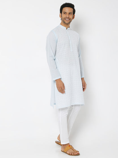 Men's Blue Poly Cotton Embroidered Kurta