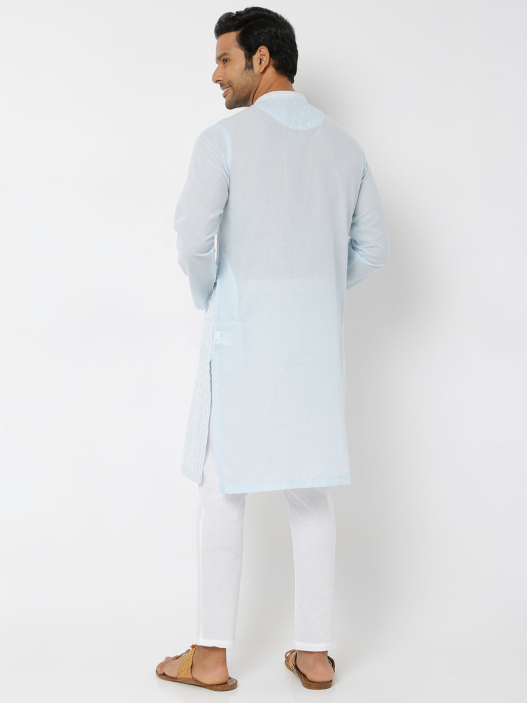 Men's Blue Poly Cotton Embroidered Kurta