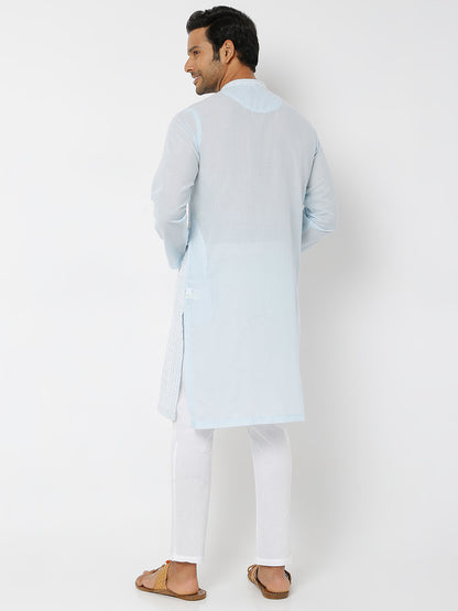Men's Blue Poly Cotton Embroidered Kurta
