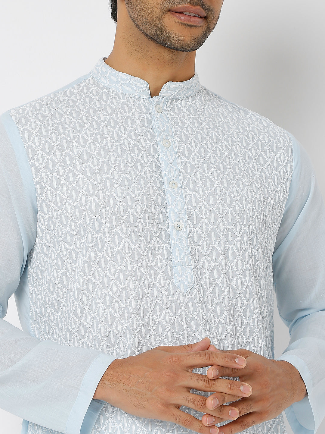 Men's Blue Poly Cotton Embroidered Kurta