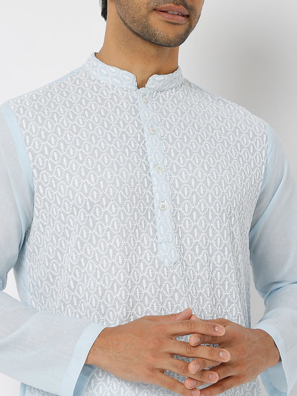 Men's Blue Poly Cotton Embroidered Kurta
