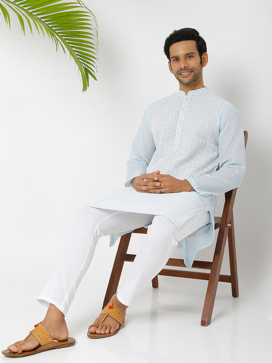 Men's Blue Poly Cotton Embroidered Kurta