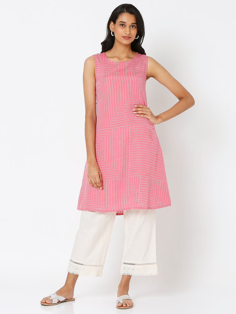 Women's Pink Viscose Blend Printed Kurta