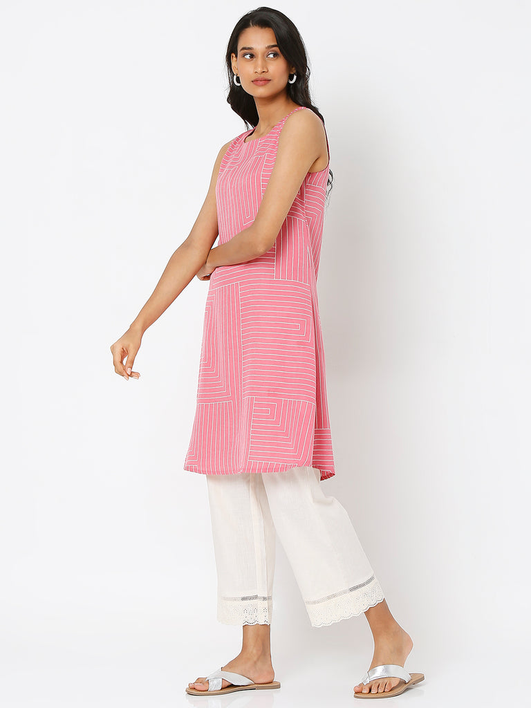 Women's Pink Viscose Blend Printed Kurta