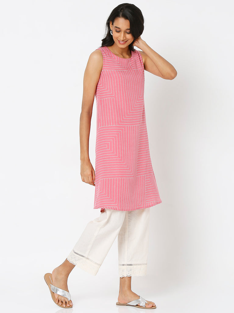 Women's Pink Viscose Blend Printed Kurta