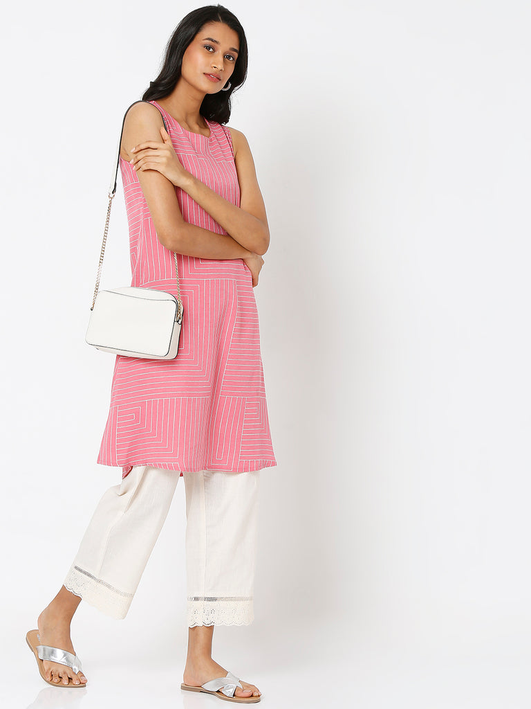 Women's Pink Viscose Blend Printed Kurta