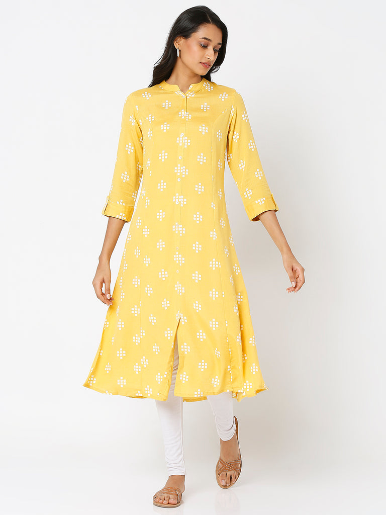 Women's Mustard Viscose Blend Printed Kurta
